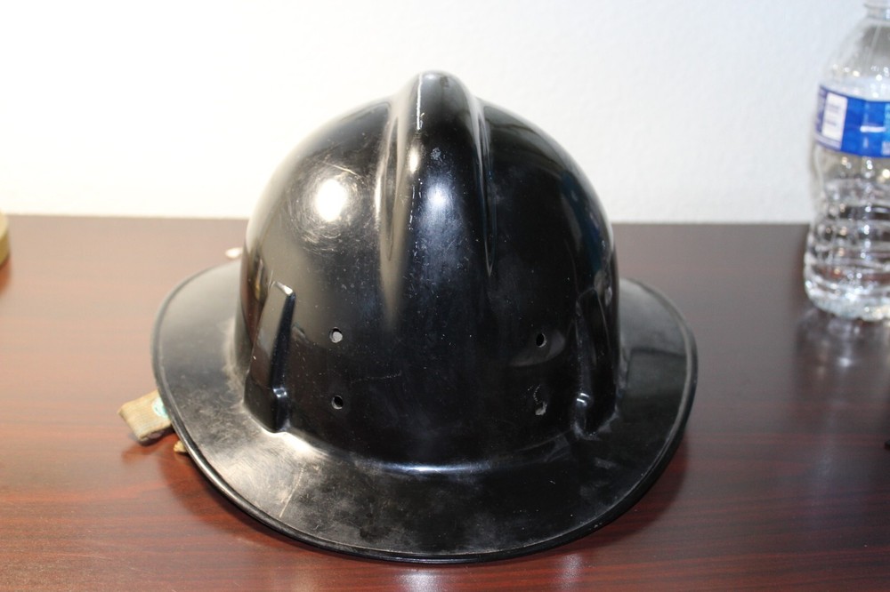 1940s black firefighter helmet - NO FRONT NUMBER - Adjustable straps