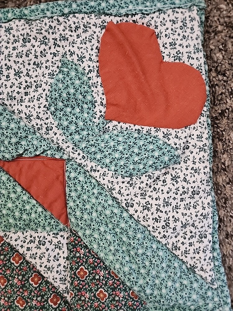 Handmade Quilted Square For Table Bread Basket Etc Green Hearts