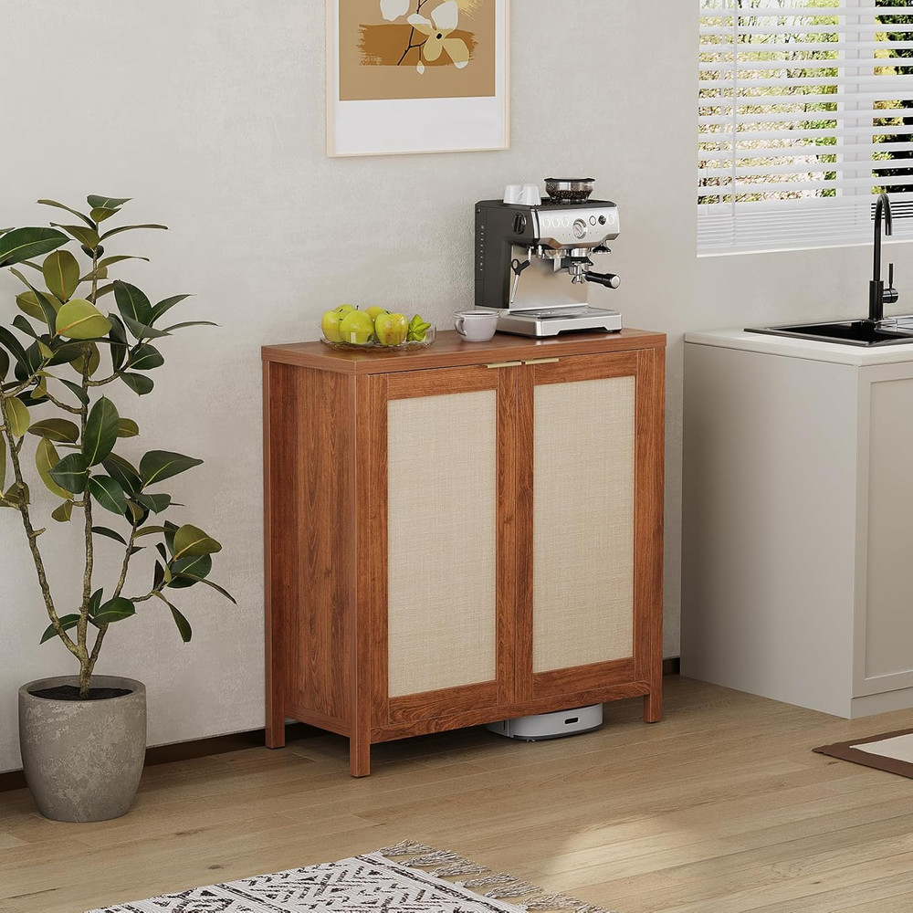 Boho Rattan Sideboard Buffet Cabinet with Adjustable Shelves, Natural Finish