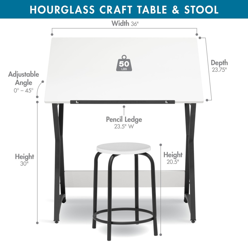 Hourglass Craft Table Angle Adjustable Drafting Table, Table+Stool