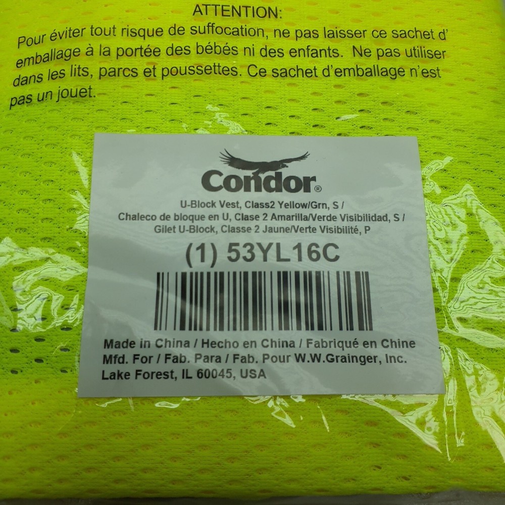 5 Pack Condor 53YL16A U Block Vest Class 2 High Visibility Size Small