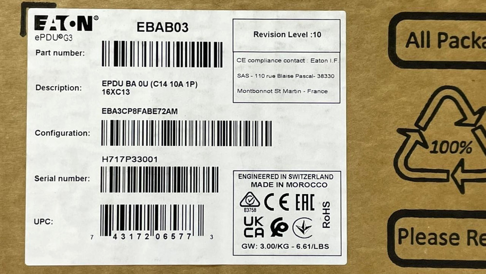 EATON EPDU G3 Power Distribution Unit EBAB03