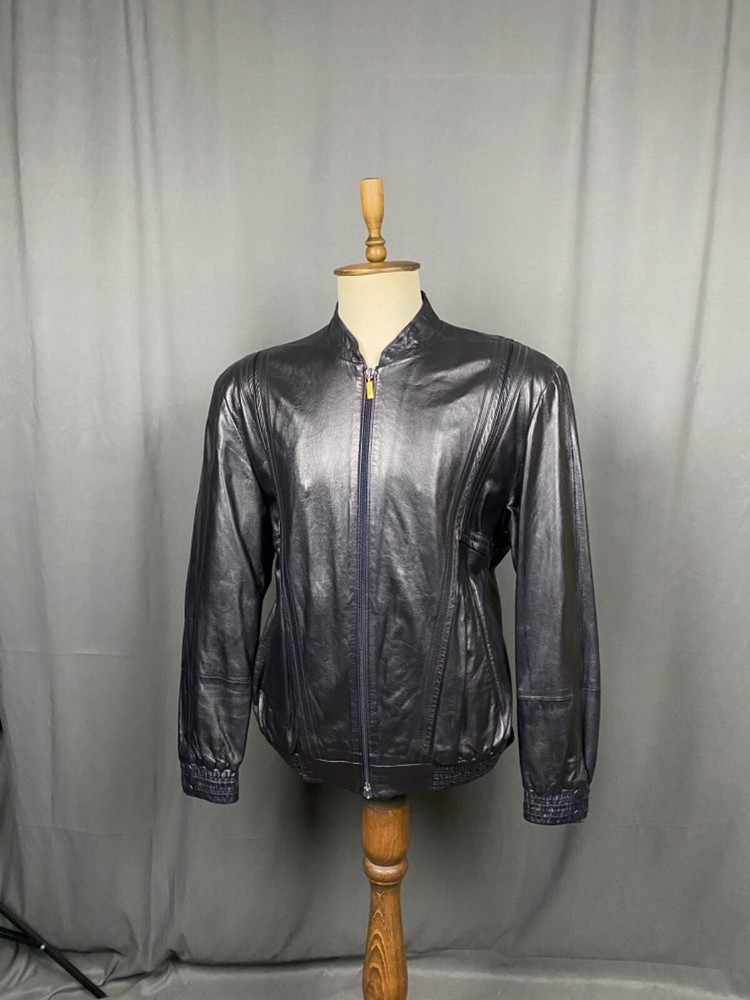 Zilli Men's Blue Leather Silk Paisley Lining Bomber Jacket Size 54
