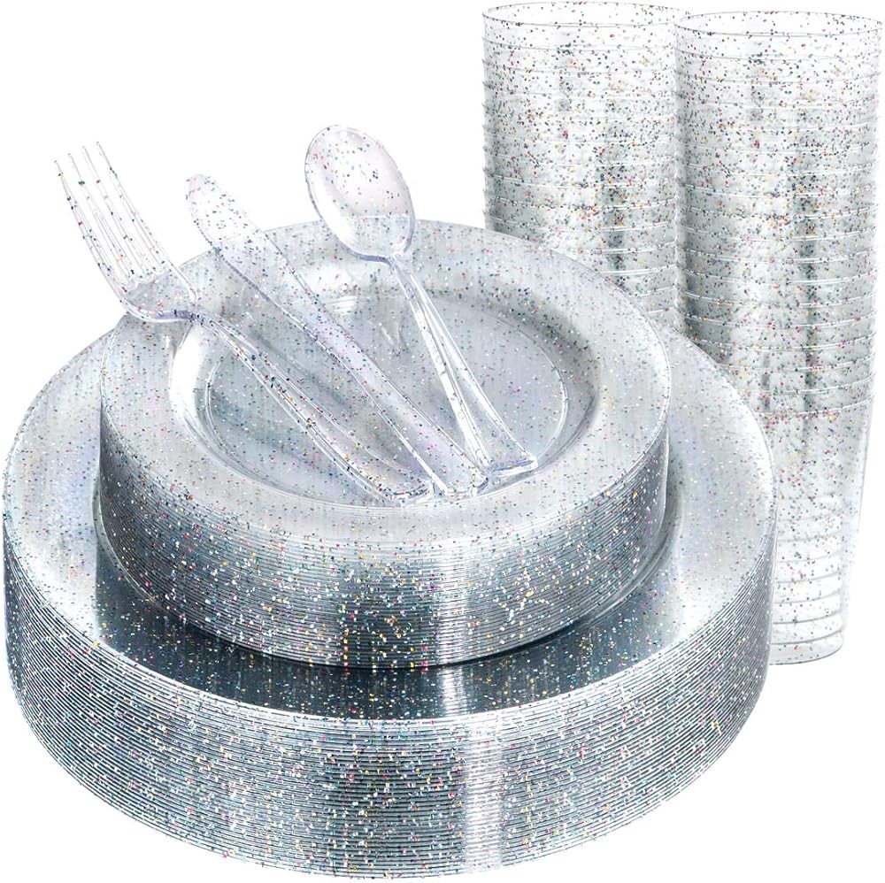 Rubtlp Glitter Plastic Plates with Glitter Disposable Sierware, Clear