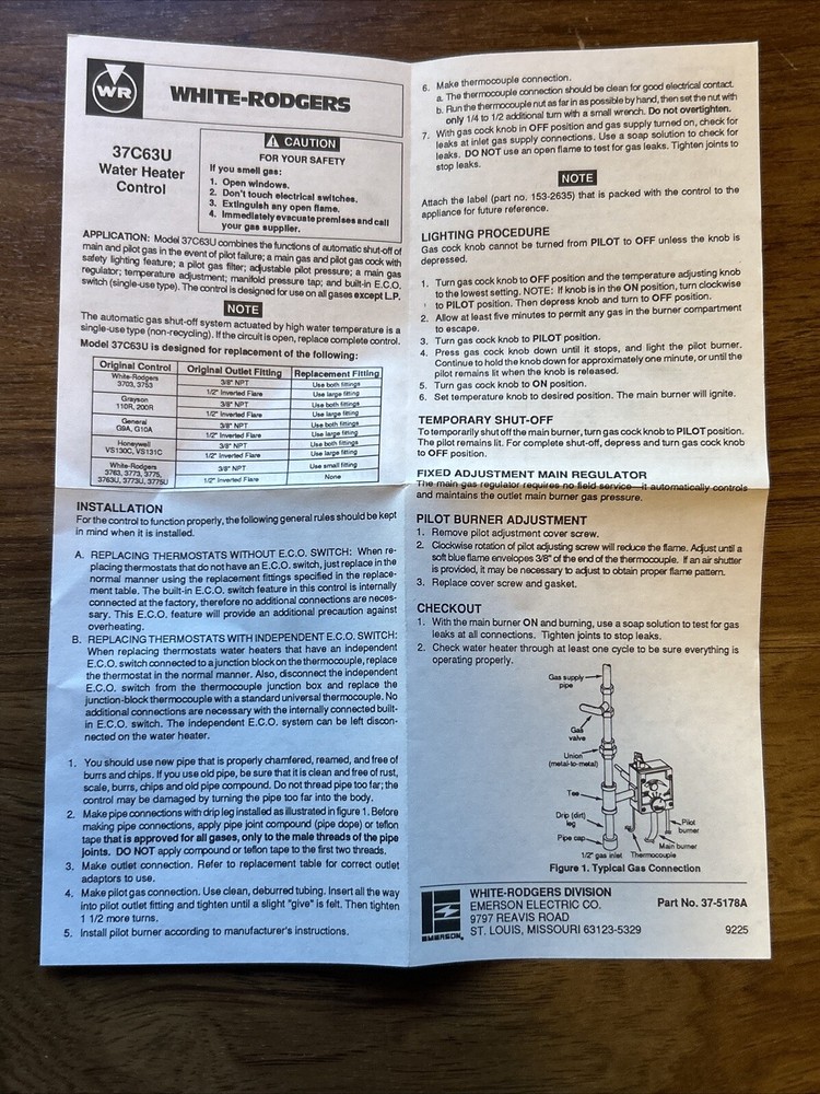 New White-Rodgers 37C63U-114 Water Heater Gas Valve / Thermostat