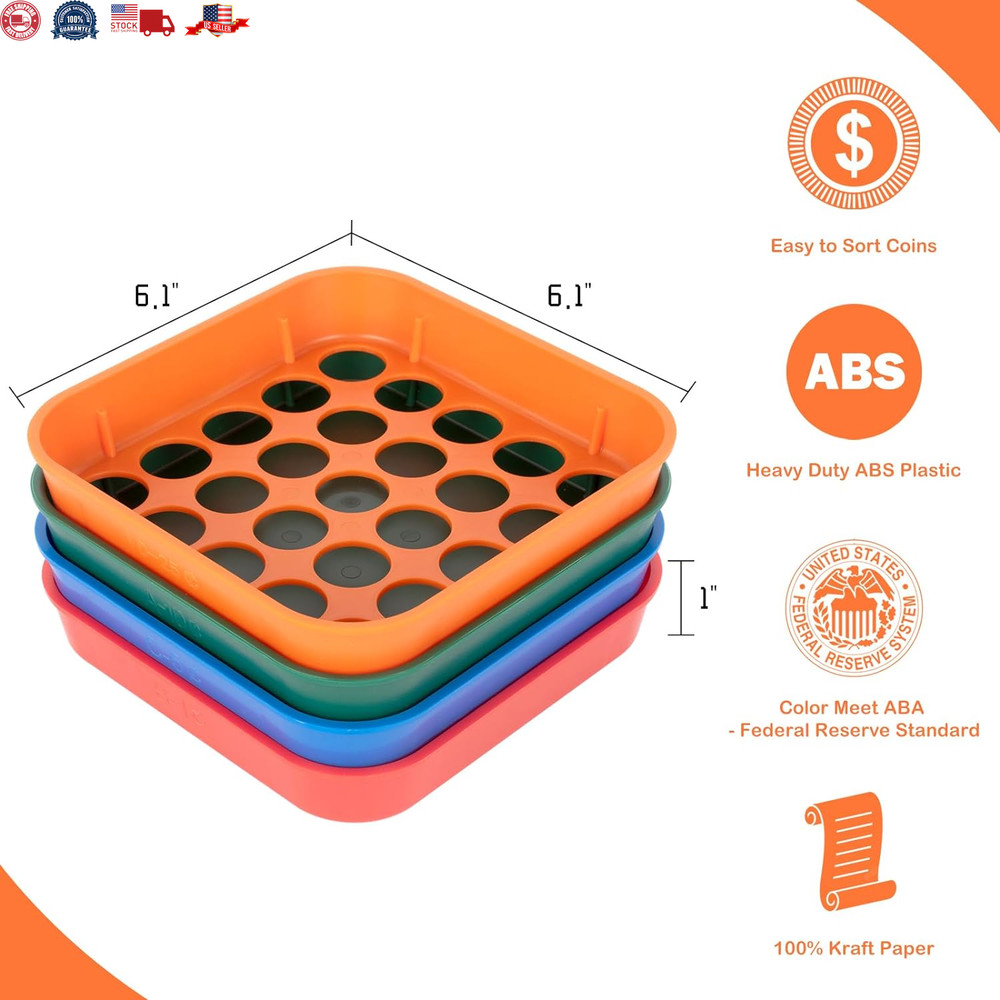 Coin Counters & Coin Sorters - 4 Color Coded Coin Sorting Tray and Coin Counting