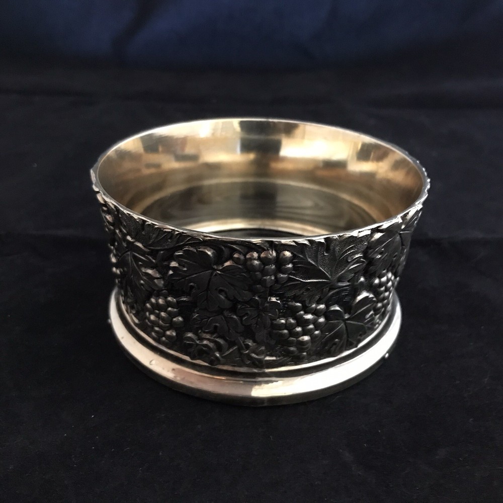 Wine Champagne Bottle Coaster Grapes Silverplate
