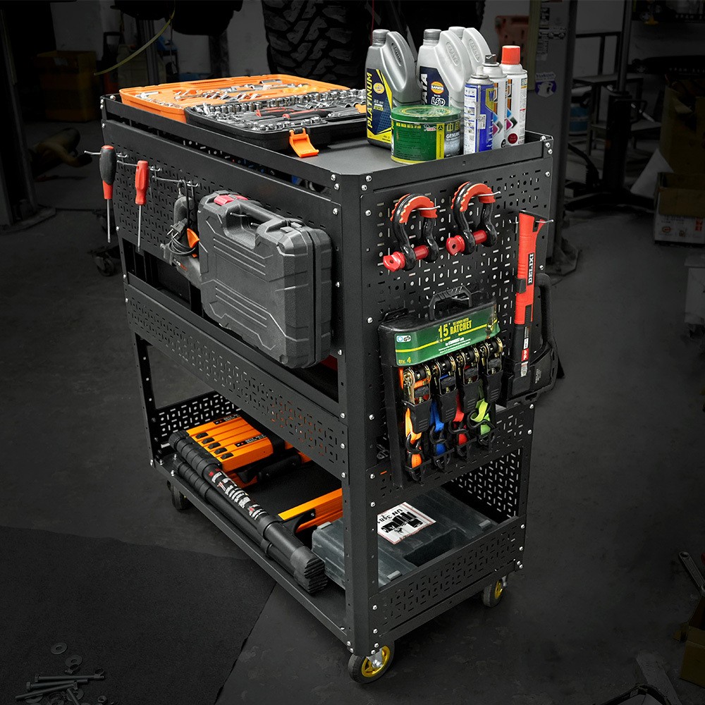 3-Tier Steel Pegboard Foldable Rolling Tool Cart Wheel Garage Organizer Storage