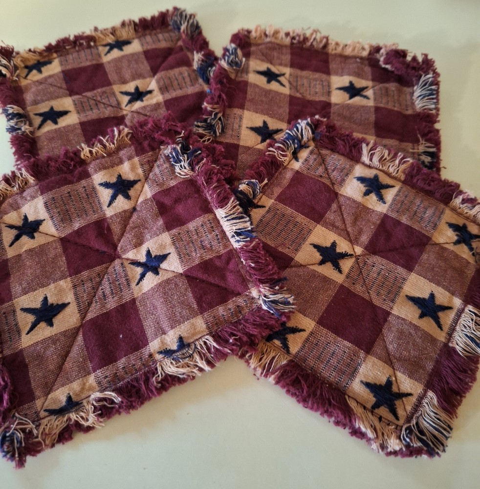 Handmade Fabric Coaster 4/set Primitive Rag Style Large Star Red