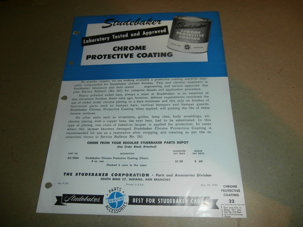 1952  Studebaker Dealer Brochure Order Form Chrome Protective Coating