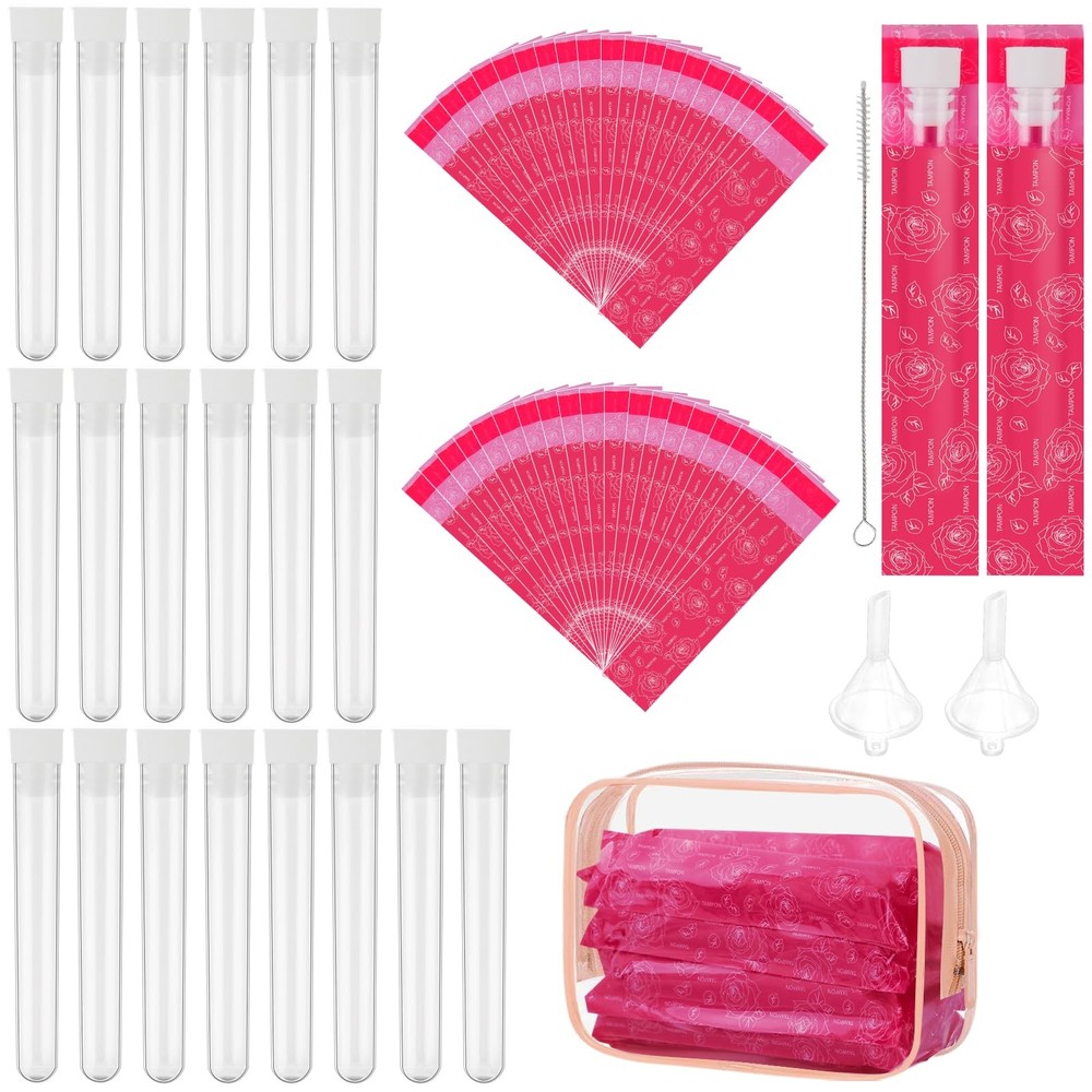 64 Pcs Tampon Flasks Set Includes 20 Reusable Plastic Flasks, 40 S, Rose Red