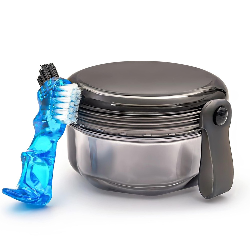 Leak Proof Denture Cups for Soaking Dentures with Strainer Transparent Black