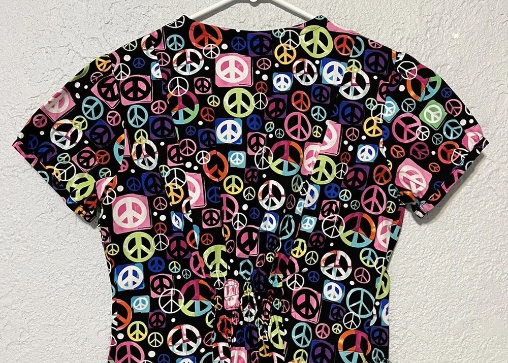 White Cross Small Scrub Top Multicolored Peace Symbol Black Cotton Pullover
