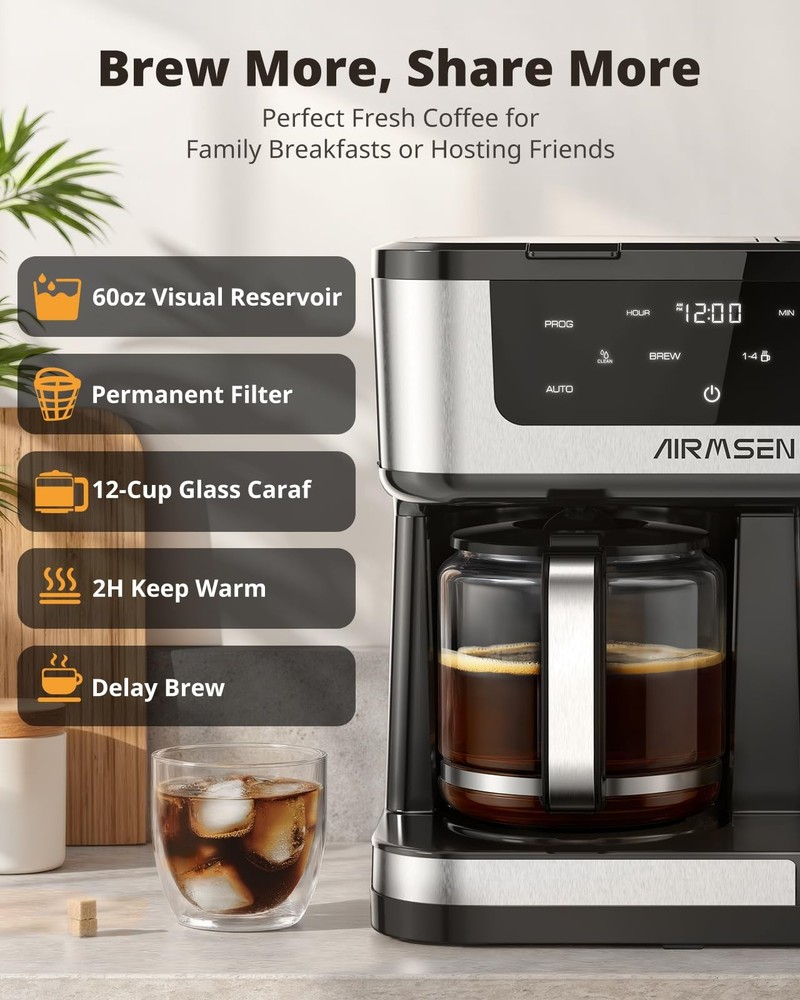 AIRMSEN 12-Cup Programmable Dual Coffee Maker – Single Serve Machine for K-Cu...