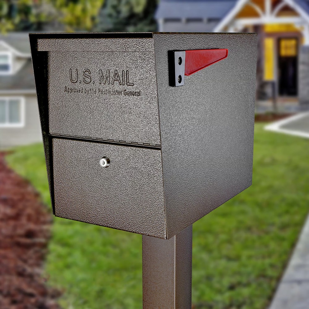 Mail Boss Package Master Modern Galvanized Steel Post Mount Bronze Locking Mailb