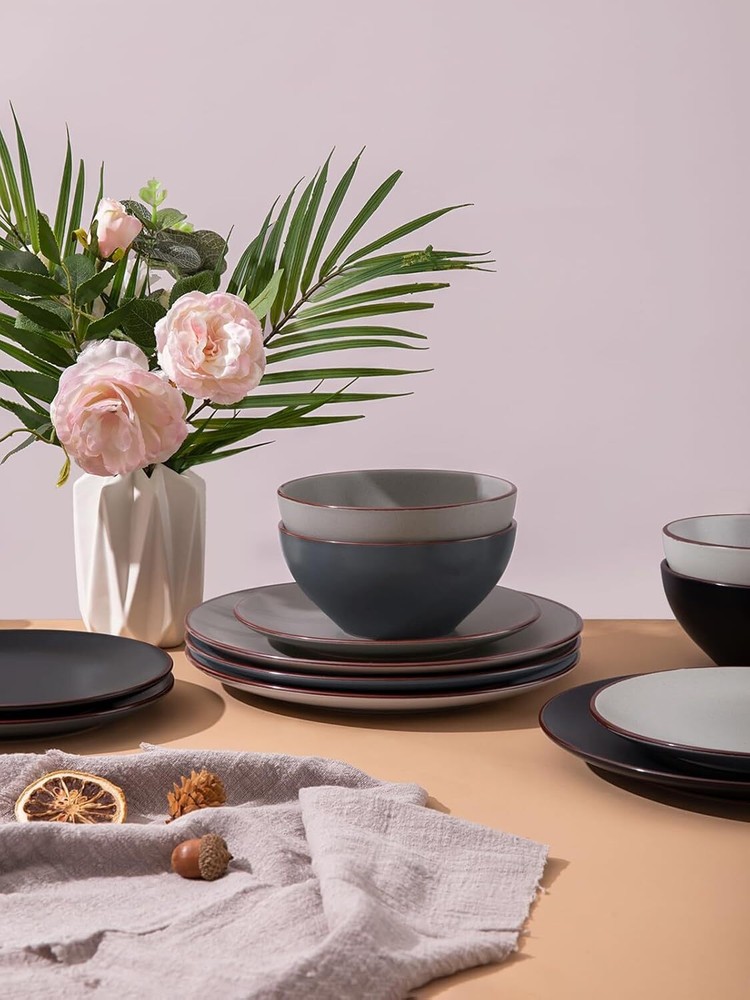 Plate and Bowl Set, 12 Piece Stoneware, Dinnerware Set for 4, Multicolor