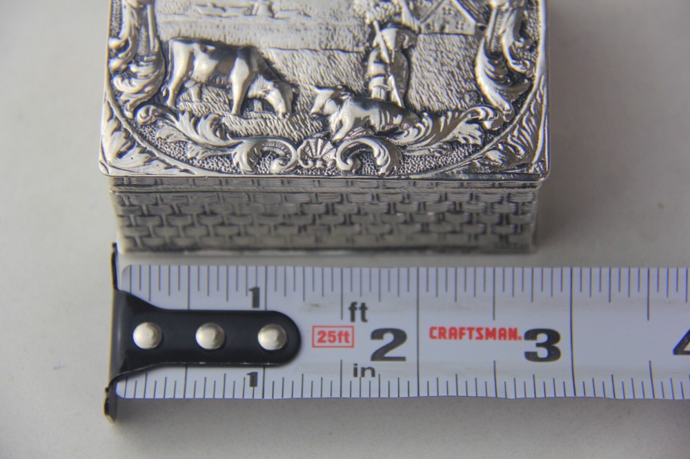 Antique German Hanau 800 Silver Rectangular Hinged Box w/ Embossed Farming Scene