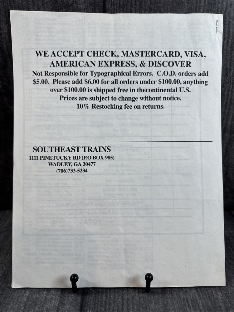 Vintage 1998 LGB Train Pricing Sheet