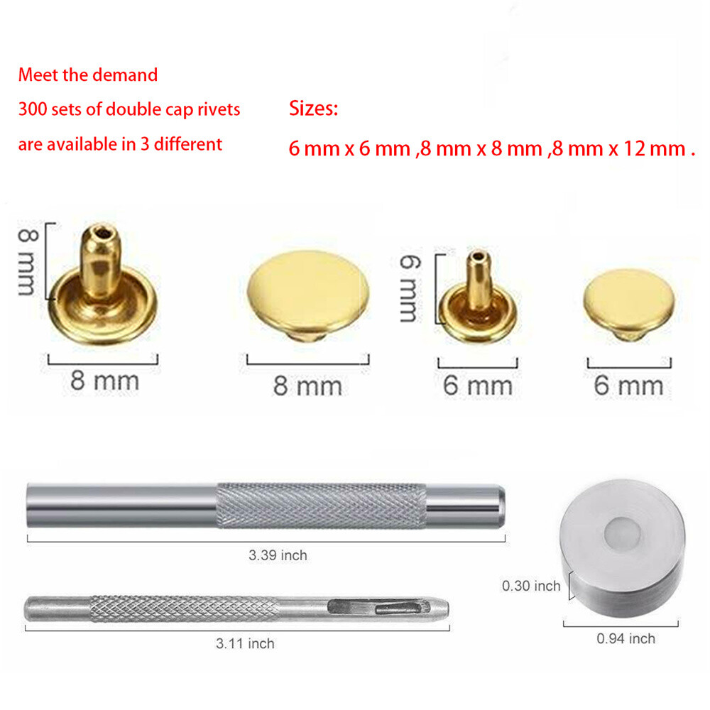 300Pcs Leather Rivets Double Cap Rivet Tubular Metal Studs Setting Tool DIY Kit