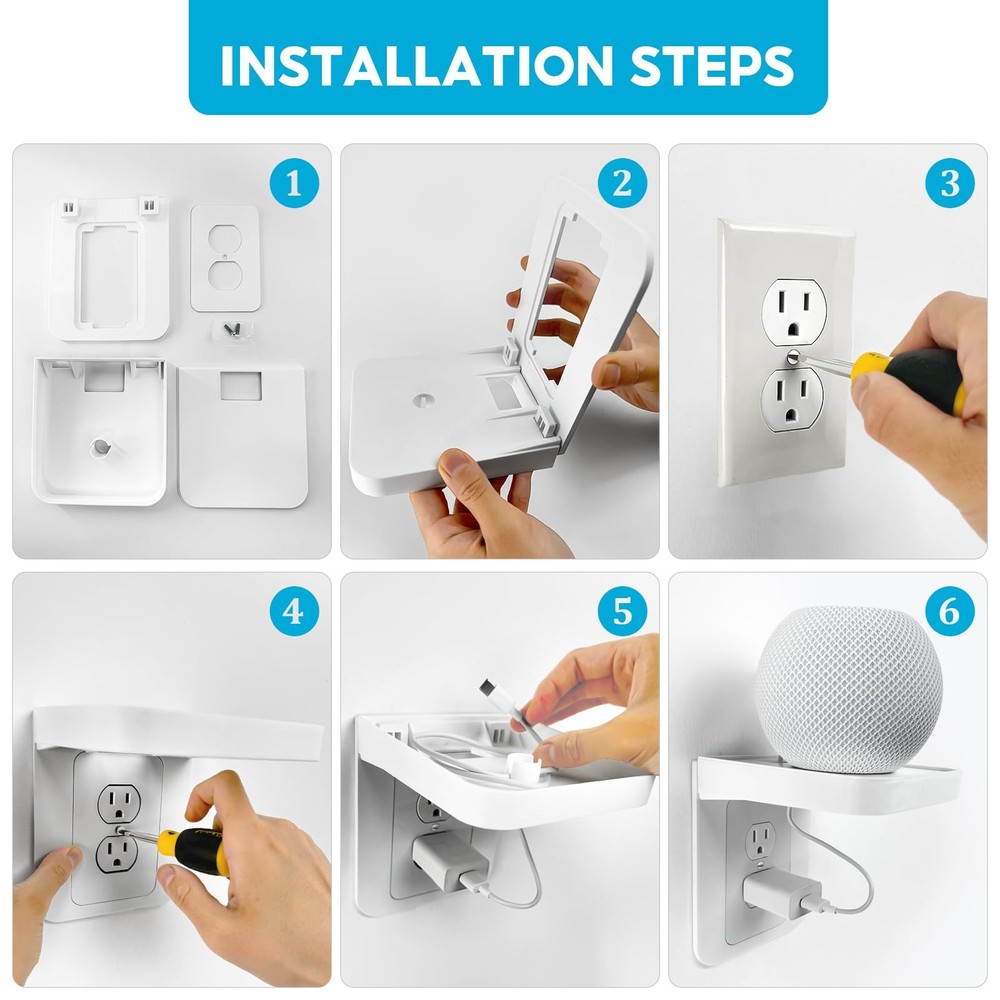 White Wall Outlet Shelf with Cord Storage - Standard Vertical Duplex Organize...