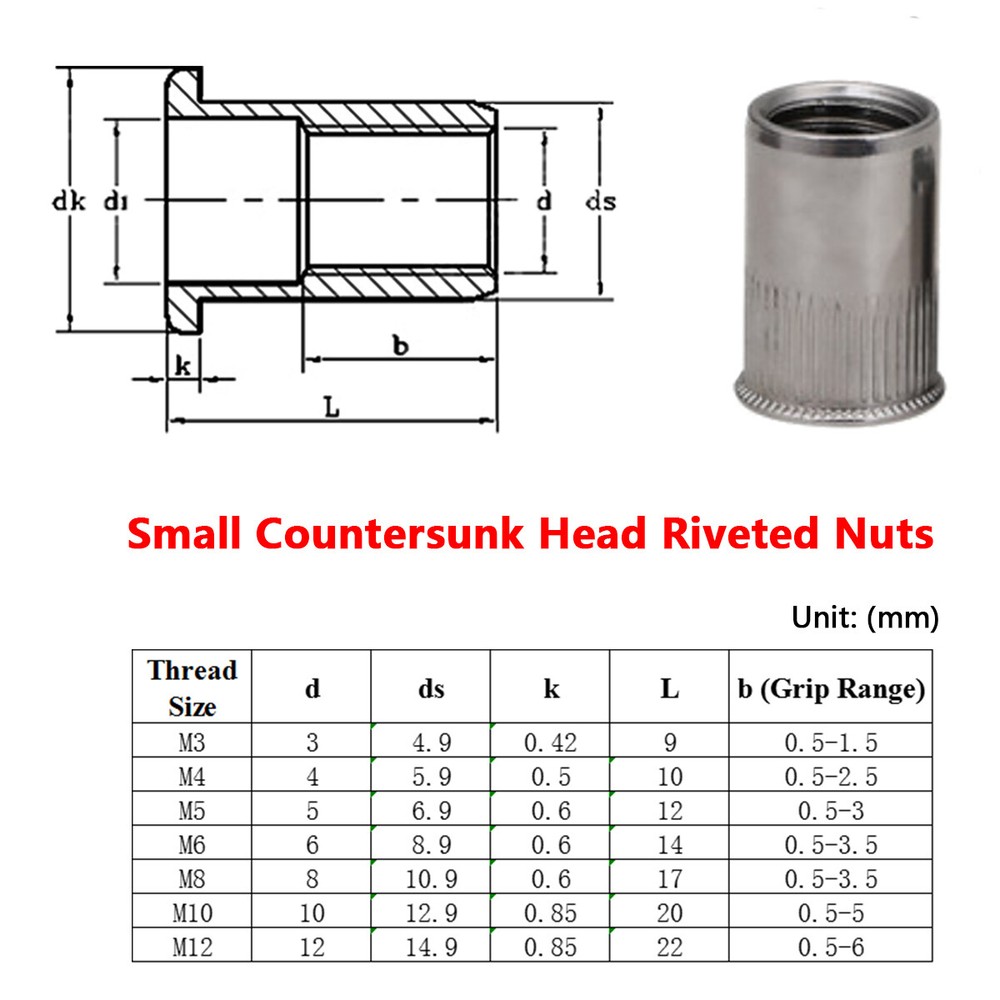 M3-M12 Threaded Riveted Nut Blind Nutserts Rivnuts Countersunk Flat A2 Stainless