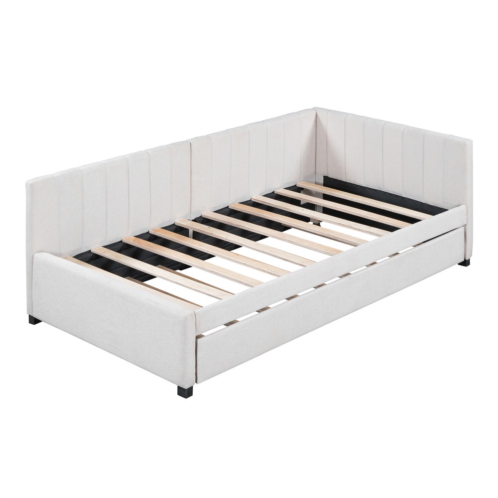 Twin Size Daybed w/ Pull Out Trundle Linen Upholstered Bed Frame Sofa Bed