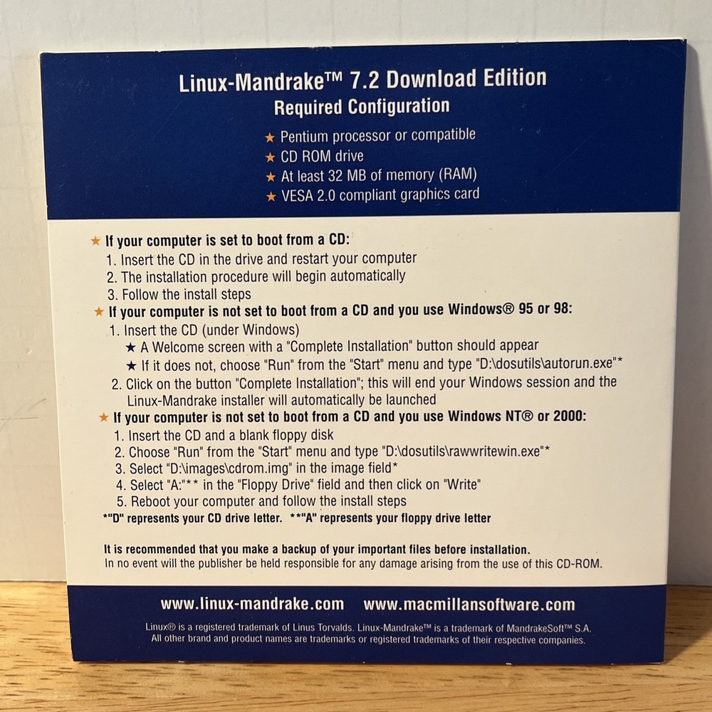 Linux-Mandrake Operating System OS 7.2 Software CD Download Edition