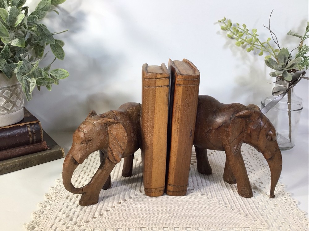 Elephant Bookends~Hand Carved Solid Wood~6” Tall~