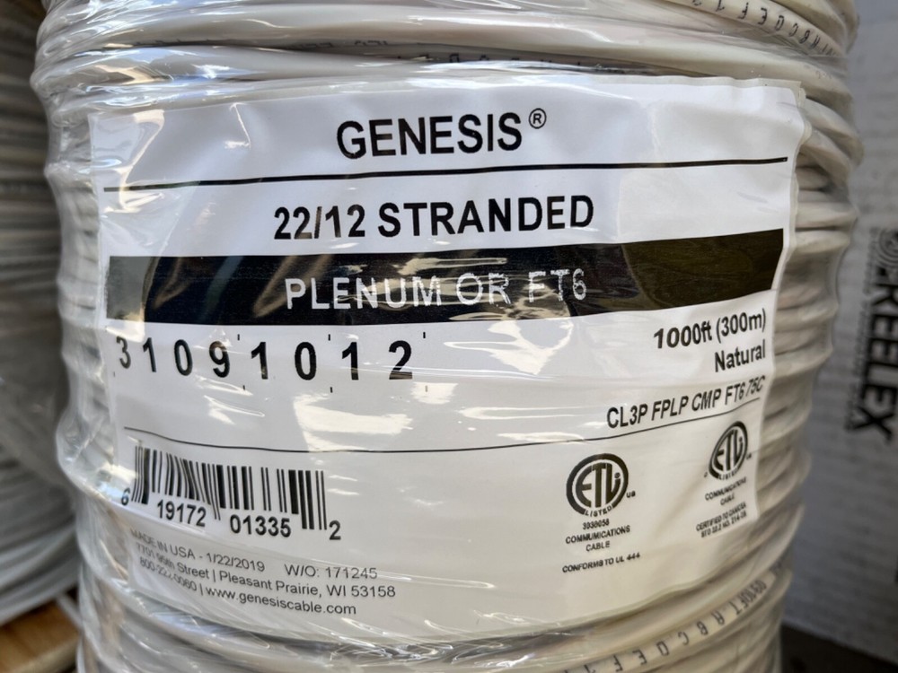 Honeywell Genesis 3109 22/12C Stranded Security/Control Cable Plenum White 1000’