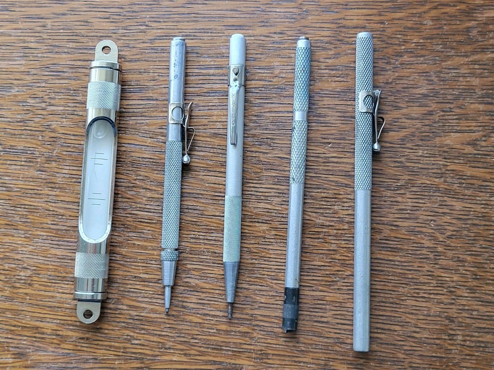 (5) Vintage Pocket Tools- (2) Scribers, Magnetic & Screw Tool, Stanley Level USA