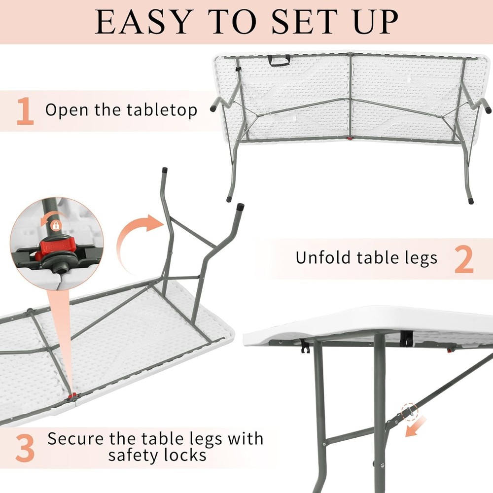 Set of 2 Folding Tables with Carrying Handle Lightweight Rectangular Portable Pl