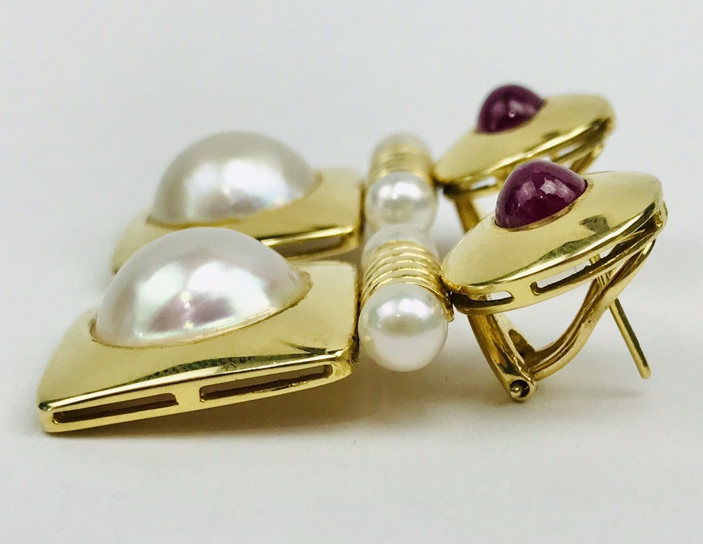 Art Deco 18k Solid Yellow Gold Mabe Pearl & Ruby Drop Dangle Omega Back Earrings