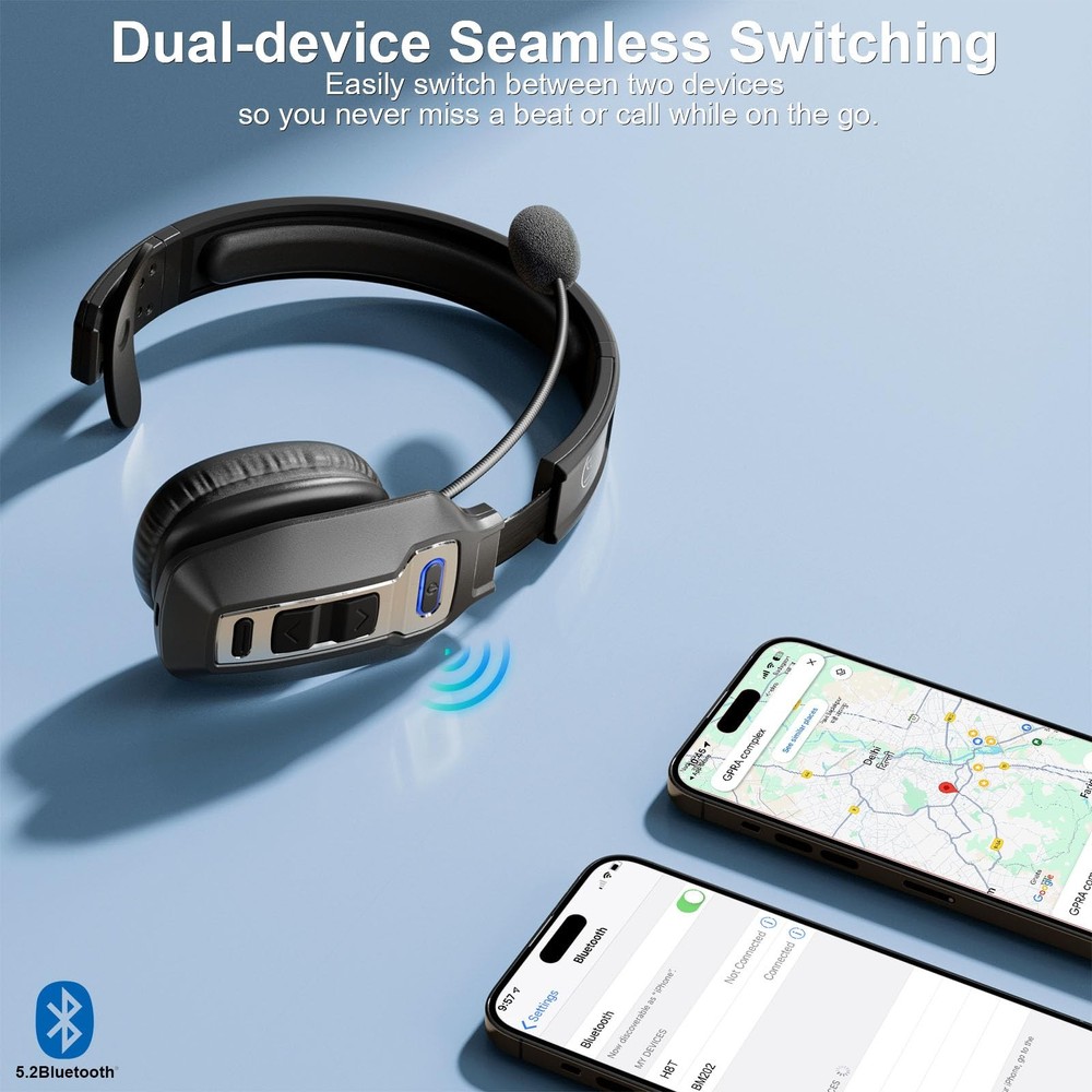 BRAMMAR Trucker Bluetooth Headset with AI Noise Cancellation Large, Black