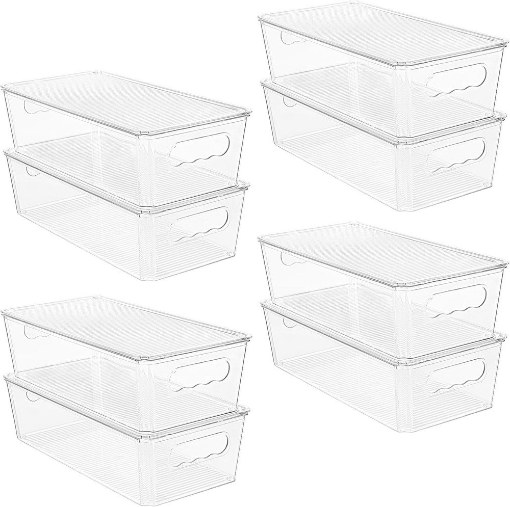 8pcs Clear Organizers & Storage Bins W/ Lids Stackable Plastic Storage