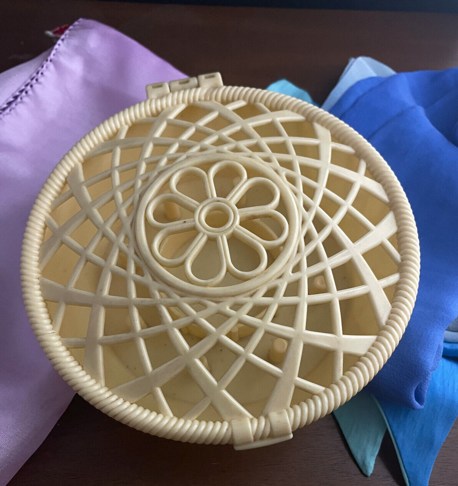 Small Vintage Sewing Basket "Dresden Pie" Celluloid Plastic 6"