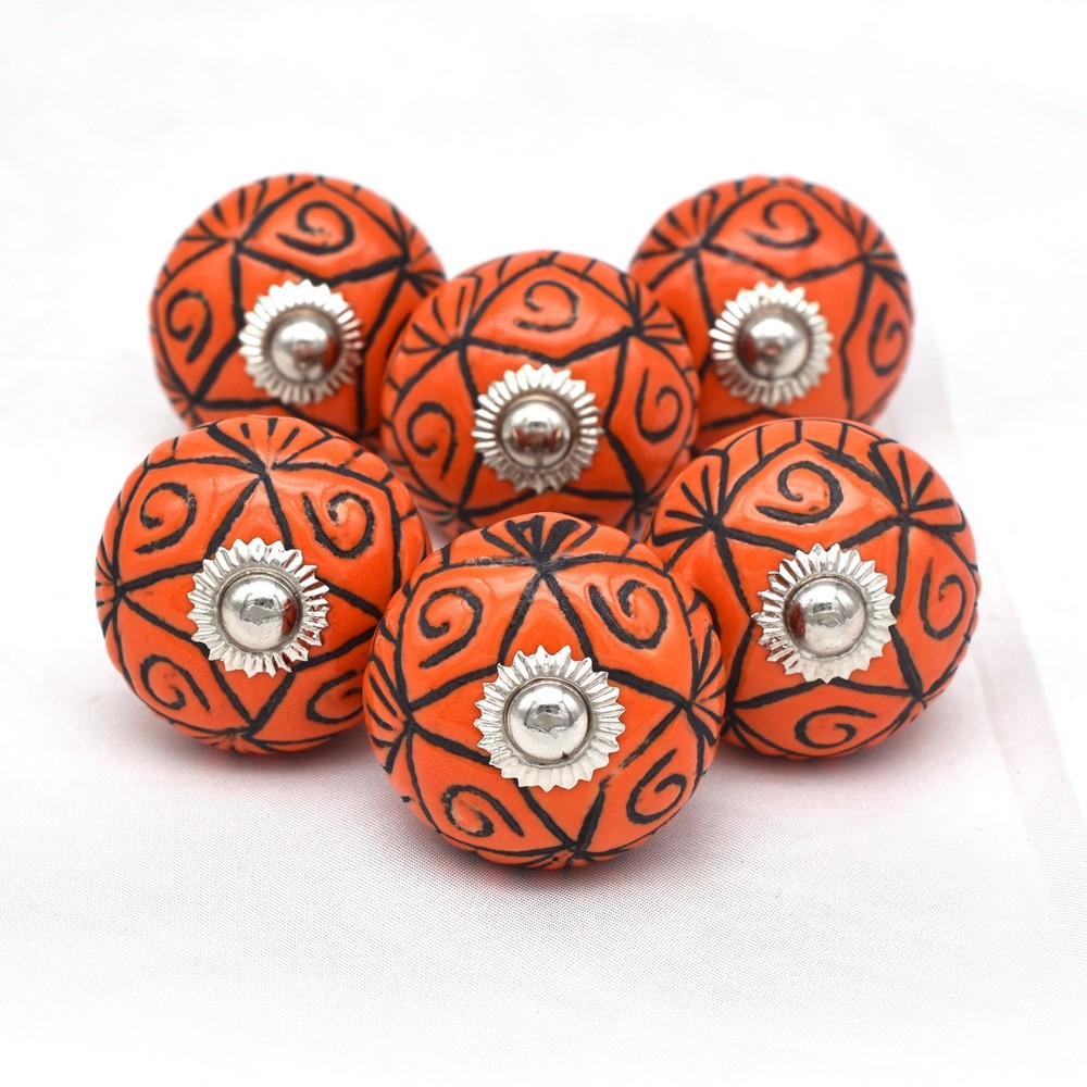 Emboss Orange Color Ceramic Knobs Handpainted Kitchen Cabinet Drawer Pulls
