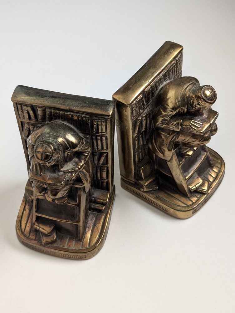 Vintage Solid Brass Figural Bookends Scholar Library Ladder Heavy 17lb Pair