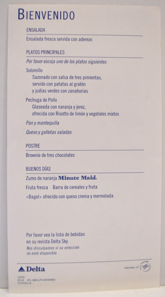 2004 Delta Airline Flight Airplane Menu