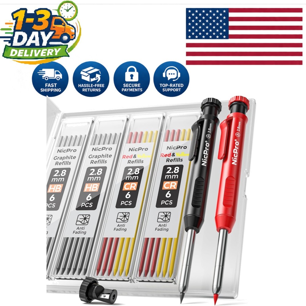 Professional Heavy-Duty Carpenter Pencils with Sharpener - Marks on Any Surface