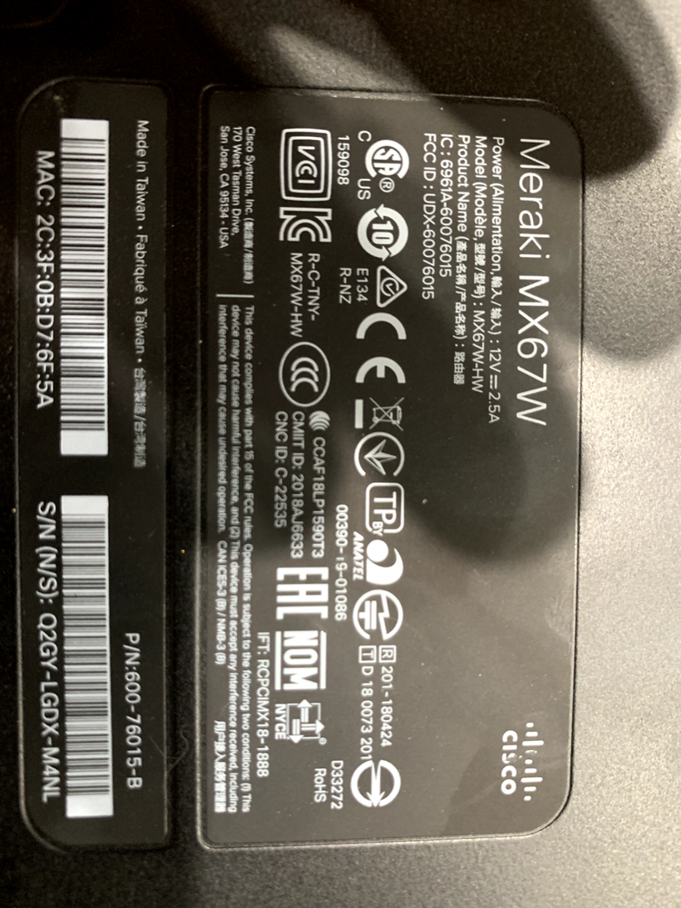 Cisco Meraki MX67W Firewall Security Device