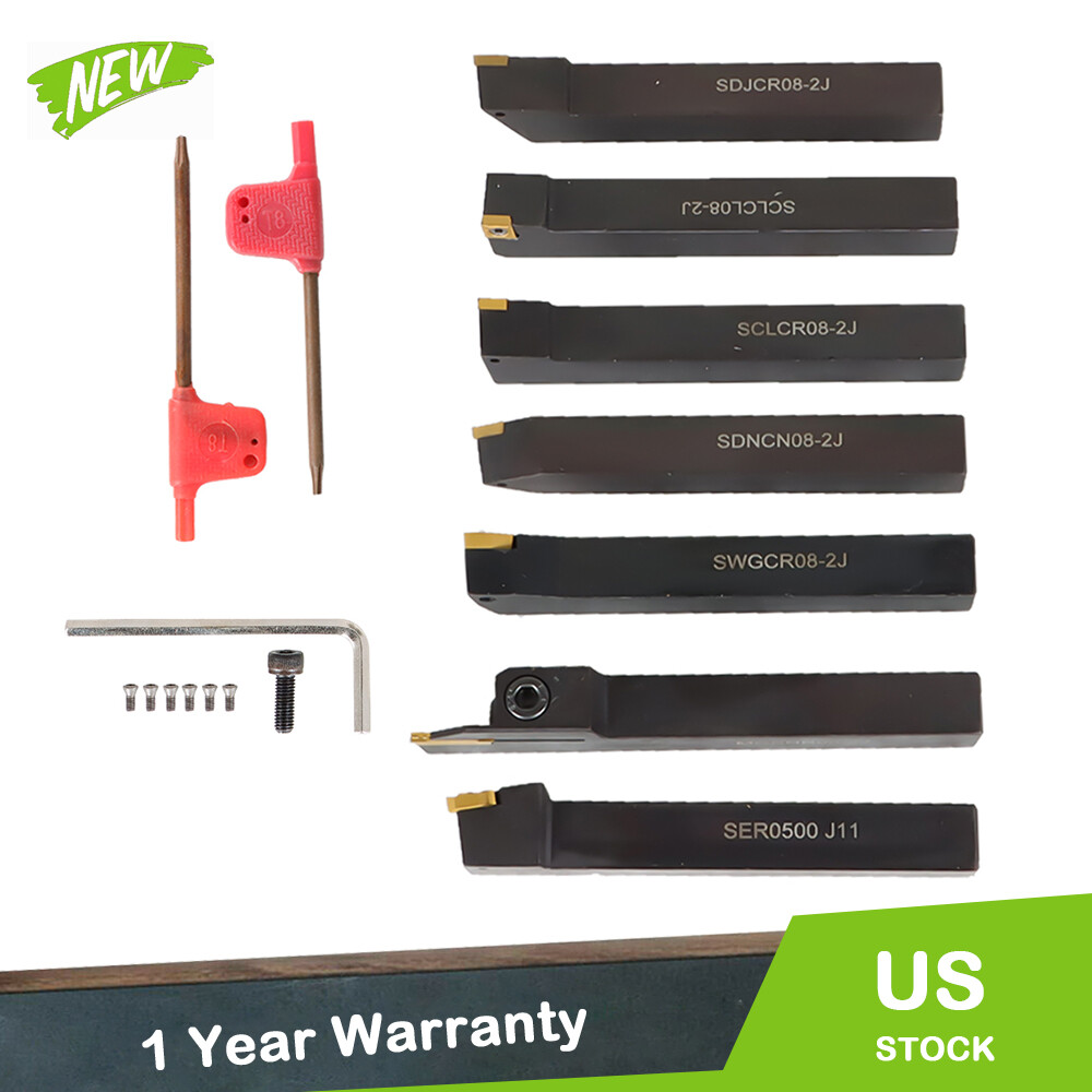 7PC Carbide Indexable Turning Tool 1/2" Lathe Tool Bit Set Thread Insert+Holder