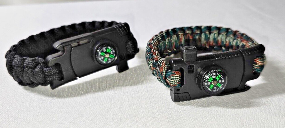Bundle 2 - 6 in 1 Adjustable Paracord Emergency Bracelet Fire Starter, Compass.