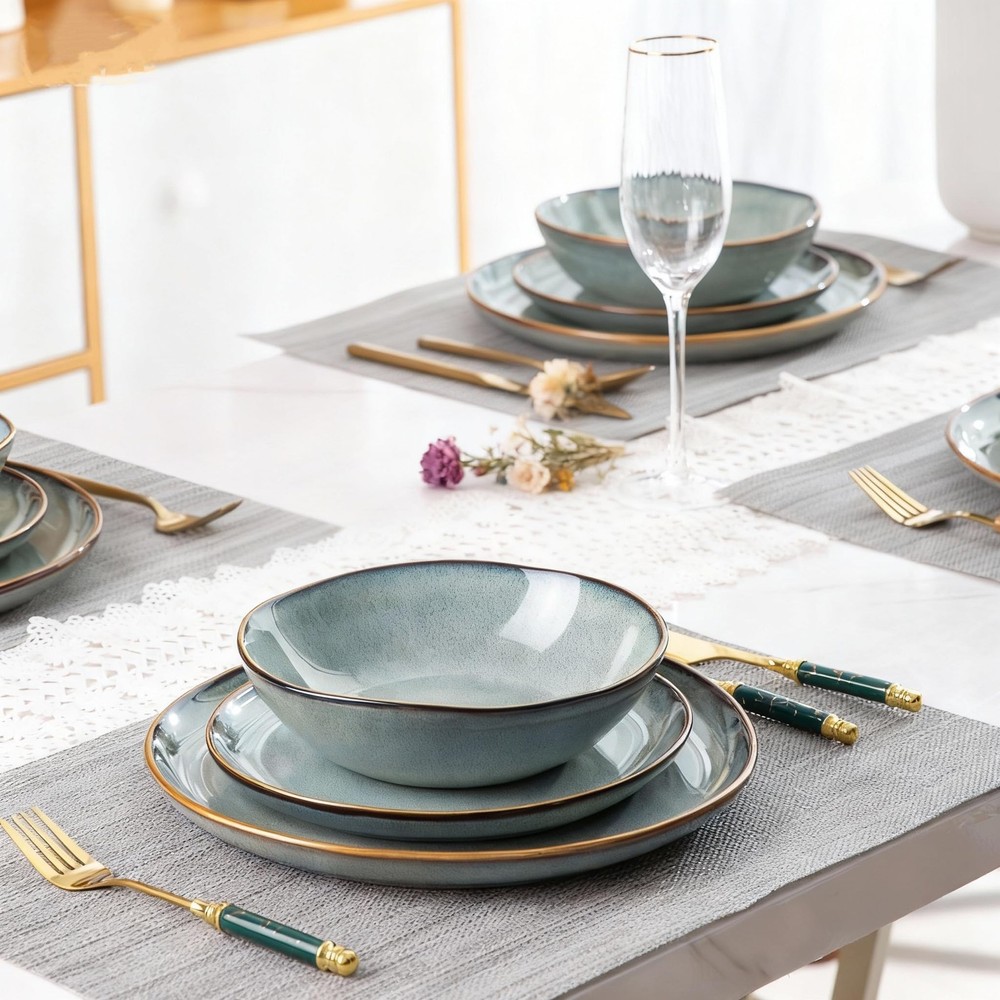Ceramic Dinnerware Sets,Handmade Reactive Glaze Stoneware Plates and Bowls Se...