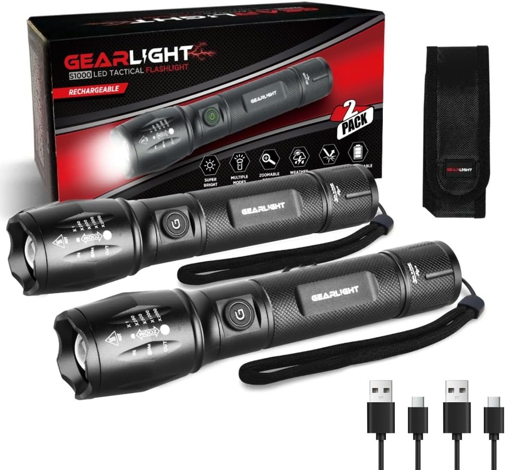 Compact S1000 Tactical Flashlight - High Lumens & USB-C Charging - 2 Pack