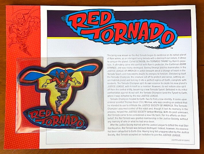 RED TORNADO PATCH on INFO CARD ~ Willabee & Ward ~ DC COMICS PATCH COLLECTION