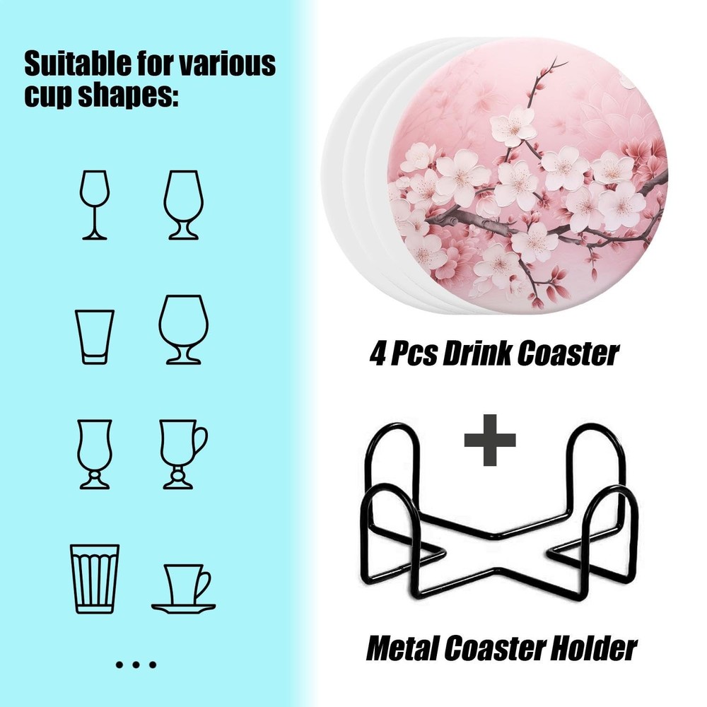 Drinking Coasters with Holder Round Water Absorbent Marble Ceramic Coasters T...