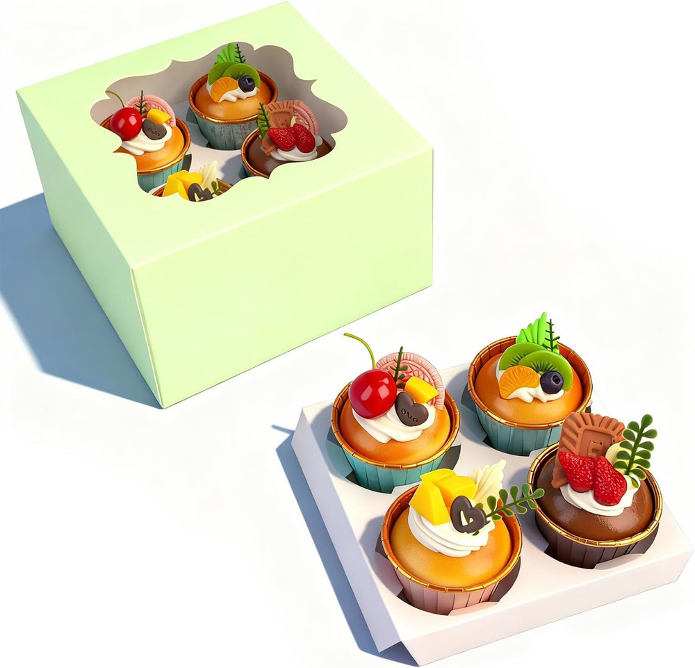 Cupcake Boxes with Window 6.5X6.5X3 Inch - 20 Pack Bakery Boxes with 4-Compartme