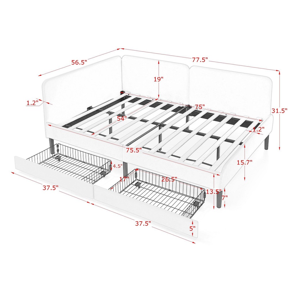 Full Size Upholstered Platform Bed Frame with 2 Storage Drawers, Adjustable Vel