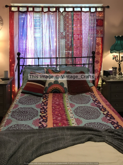 Indian Vintage Sari Patchwork Curtain Drape Window Boho Decor Silk Pink Curtain