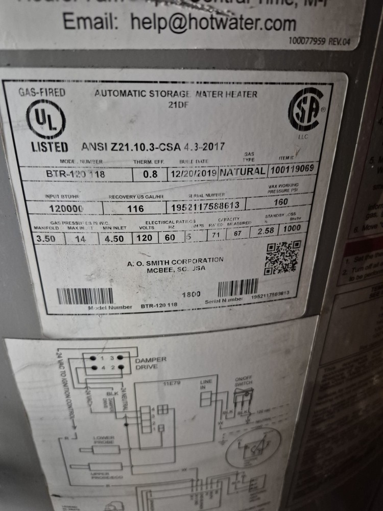 Ao Smith Btr -120118 Metal Natural Gas Powered Automatic Storage Water Heater...